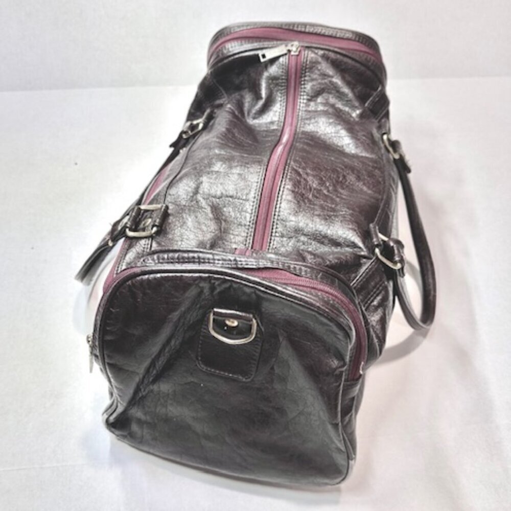 VTG Sir Bentley Leather Duffel Bag Travel Carry On Double Handles Black Red 18” - Picture 2 of 15